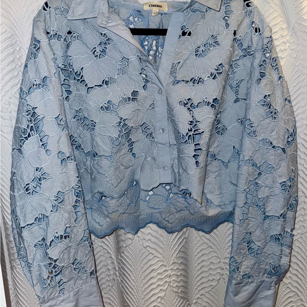 L'AGENCE Sky Blue Lace Button-Down Shirt - Picture 2 of 4